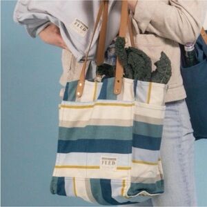 FEED Projects Coastal Stripe Market Canvas Grocery Tote Bag NWOT Teal Ivory